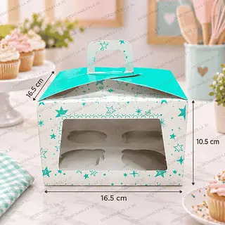 Caja Para 4 Cupcakes Con Ventana Y Asa Turquesa 16,5 Cm