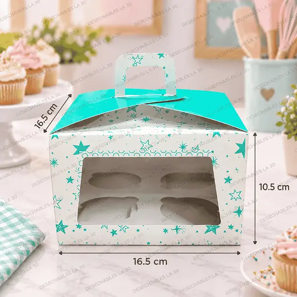 Caja Para 4 Cupcakes Con Ventana Y Asa Turquesa 16,5 Cm