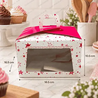 Caja Para 4 Cupcakes Con Ventana Y Asa Fucsia 16,5 Cm