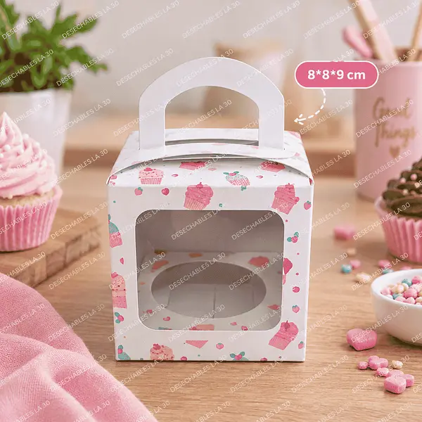 Caja Blanca Para Cupcake Con Ventana Y Asa 8x8x9 Cm