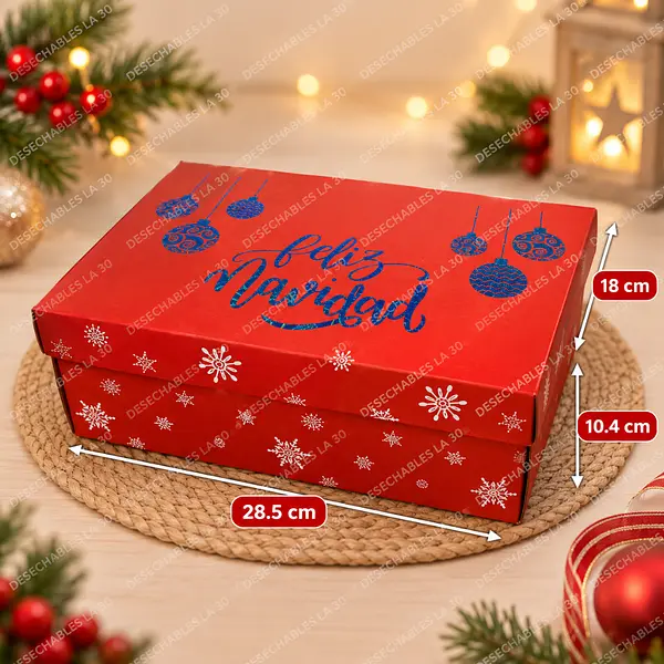 Caja Navideña Roja Esferas Azules 28,5x18x10,4 Cm
