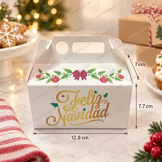 Caja Navideña Blanca Acebo Dorado Con Asa 12,8 Cm