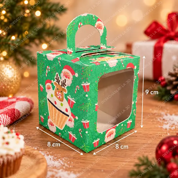 Caja Navideña Verde Papá Noel Para Cupcake 8x8x9 Cm