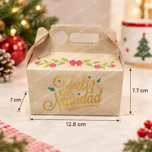 Caja Navideña Kraft Acebo Dorado Con Asa 12,8x7x7,7 Cm
