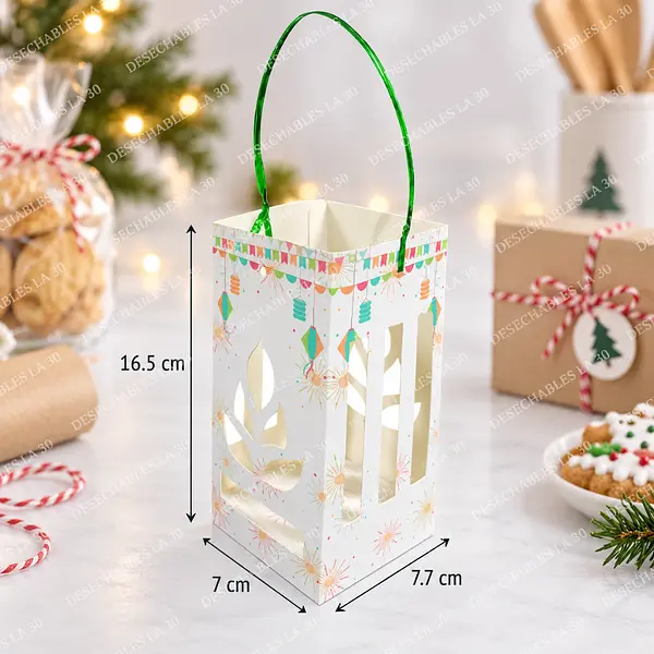 Caja Navideña Blanca Calada Con Asa Verde 7x7,7x16,5 Cm