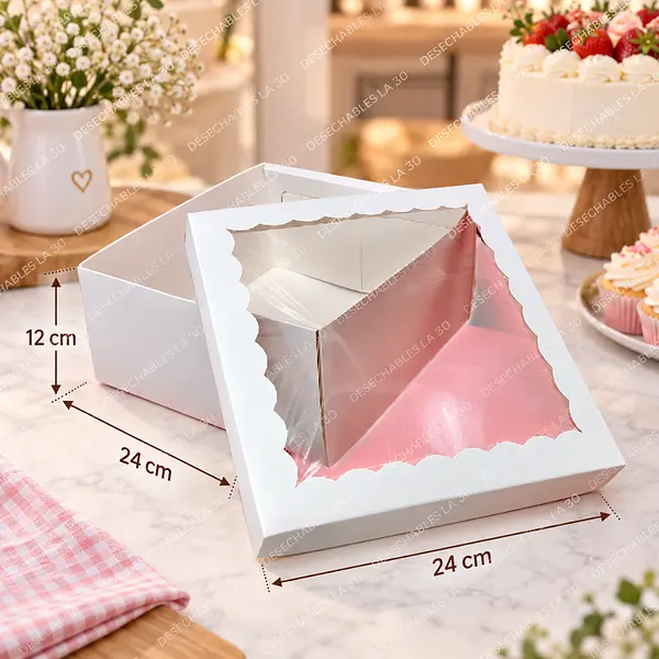 Caja Blanca Para Torta Con Ventana Ondulada 24x24x12 Cm