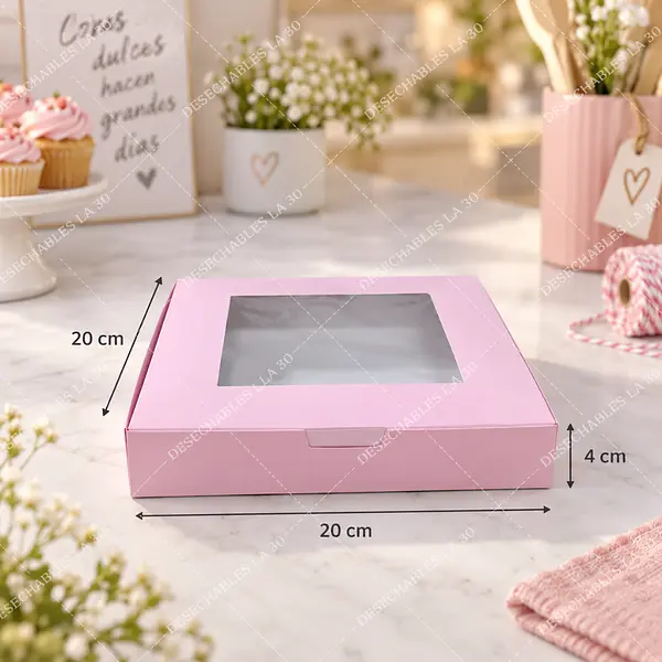 Caja Rosada Con Ventana Rectangular 20x20x4 Cm