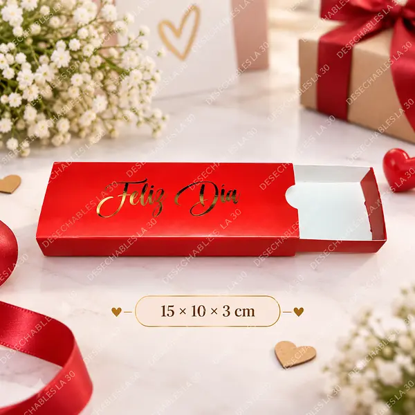 Caja Dulcera Roja Feliz Día Tipo Cajón 15x10x3 Cm