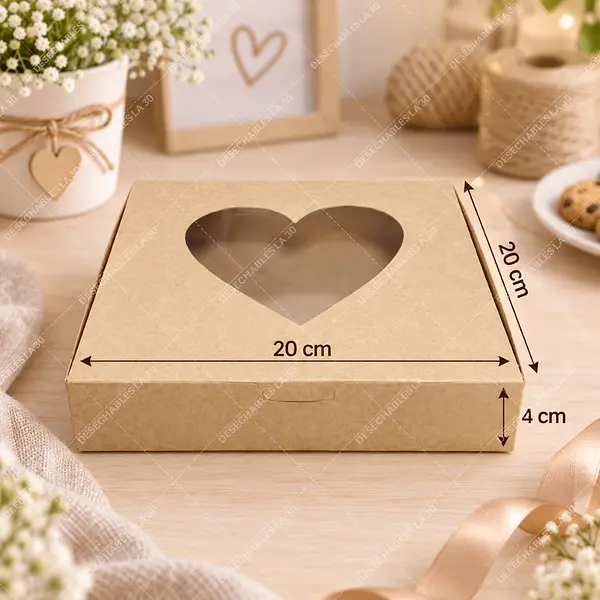 Caja Kraft Con Ventana De Corazón 20x20x4 Cm